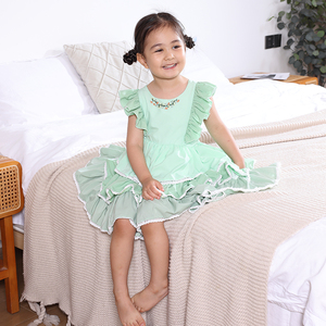 Robes de princesse pour enfants en coton respirant et écologique, style campagnard <span class=keywords><strong>chic</strong></span>, vente en gros ODM - Nouveauté été, manches volantées vertes - Product Image 3
