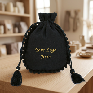 Custom Logo Black Cotton Drawstring Jewelry Organizer Tassel Pom-Pom Personalized Wedding Favor Shopping Bag Wholesale - Product Image 1