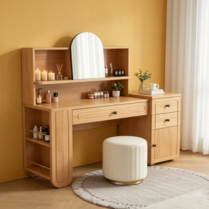 Scandinavian Beech Wood Makeup <b>Vanity</b> With Flip Top <b>Mirror</b> Storage Cabinet Bedroom Dressing <b>Table</b> - Product Image 1
