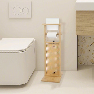 Bamboo Toilet <b>Paper</b> Holder 24in Floor Standing Wood <b>Tissue</b> Storage Rack Bathroom Organizer - Product Image 3