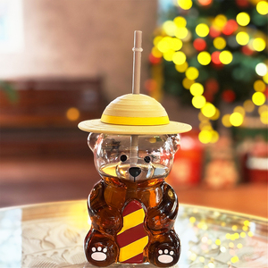 Copo de Vidro em Forma de Urso com Tampa e Canudo 20oz para Bebidas como Café, Suco, Leite e Chá - Product Image 1