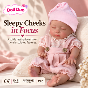 Poupée Reborn en silicone personnalisée DollDuo de 13 pouces, bébé nouveau-né endormi, short rose à bretelles, peinte à la main, cadeau d'Halloween pour enfants - Product Image 1