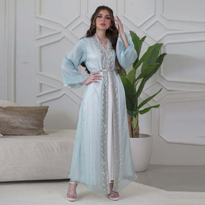 Ropa islámica nueva Abaya 2025 cárdigan bordado de flores de satén de lujo conjunto de 2 piezas Abaya modesto abierto Abaya mujeres vestido musulmán - Product Image 2