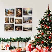 Lot de 10 tableaux muraux vintage de Noël : paysages d'hiver avec Père Noël, bonhomme de neige et cône de pin – Impressions sur toile encadrées pour décoration de maison de fêtes