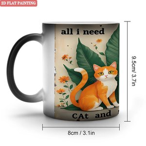 Frosted Black 11oz Ceramic <b>Mug</b> Color <b>Changing</b> <b>Heat</b> Sensitive Cup Cat Design 2D Flat Painting - Product Image 1