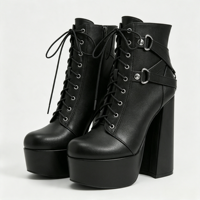 Bottines noires à plateforme pour femme, bout rond, à lacets, avec anneau métallique, sangle de harnais, talon bloc épais, fermeture éclair latérale, style gothique punk