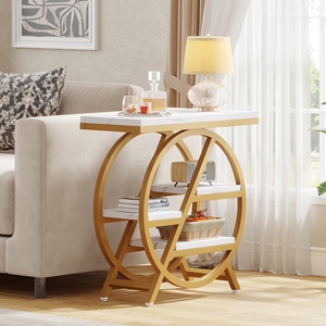 3-Tier Faux Marble <strong>Side</strong> <strong>Table</strong> With Storage, Wood <strong>Narrow</strong> Sofa <strong>Side</strong> <strong>Table</strong> Modern Nightstand and Bedside <strong>Table</strong> for Gold &amp; White - Product Image 2