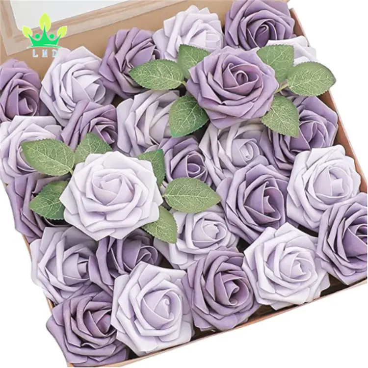 Artificial Flowers 25pcs Real Looking Lavender Purple Foam Roses with Stems for Wedding