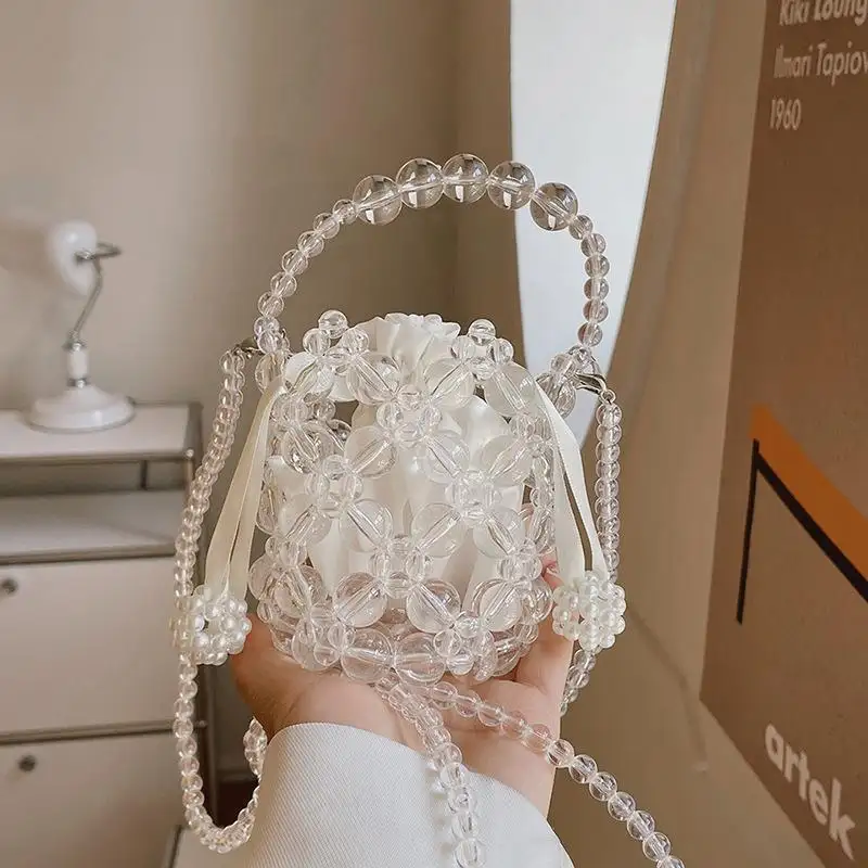 Fashion design luxury hand bags ladies transparent pearl bag handmade acrylic beaded wedding beading mini handbags for women