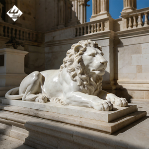 Sculpture de lion couché en pierre naturelle, statue de lion reposeur en marbre sculptée à la main, pour jardin extérieur, entrée de villa, cour, aménagement paysager - Product Image 3
