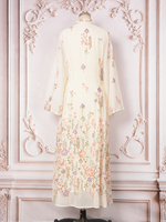 Robe Abaya élégante à col en V avec broderie florale en polyester respirant, manches longues, kaftan musulman avec pompon pour la fête de l'Aïd, mariage