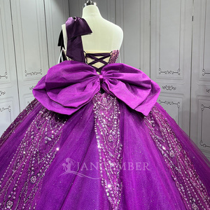 Robe de Quinceañera Lsmu186 violette à col licou, sans manches, style princesse à volants avec nœud, Jancember - Product Image 5