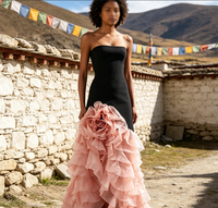 Gaun Chiffon A-Line Hitam Pink Elegan dengan Hiasan Bunga 3D, Ruffle Bertingkat, Pinggang Alami, Panjang Lantai, Tanpa Tali, Off-the-Shoulder, untuk Musim Panas