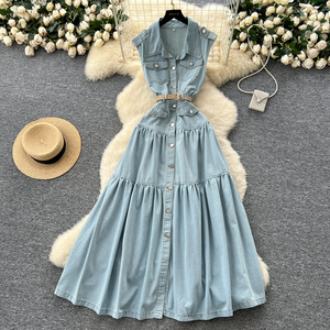 Abbigliamento Vintage LW1414 abito di fascia alta senza maniche da donna Maxi abito in Denim con colletto risvolto a bottoni in metallo abiti eleganti - Product Image 1
