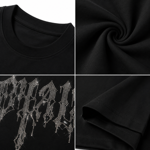 เสื้อยืดผู้ชายประดับเพชรเทียม พรีเมียม ผ้าฝ้าย 100% สตรีทแวร์ ประกายเพชร โลโก้วิบวับ ทรงโอเวอร์ไซส์ รับผลิตแบบ OEM ODM ใส่ได้ทั้งชายและหญิง - Product Image 3