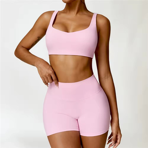 Venta al por mayor de sujetador de Yoga personalizado para mujer transpirable Scrunch trasero bolsillos pantalones cortos de dos piezas conjunto de Yoga - Product Image 4