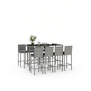 Conjunto de Bar de Ratán Gris con Estructura de Acero con Recubrimiento en Polvo, Muebles de Bar Rectangulares Contemporáneos para Jardín Exterior, Diseño Moderno y Duradero - Product Image 1