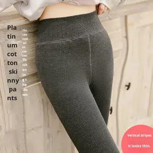 Pantaloni Aderenti da Donna Autunno/Inverno, Sexy, a Vita Alta, Modellanti, con Fodera <span class=keywords><strong>in</strong></span> Velluto Grigio e Motivo a Righe - Product Image 4