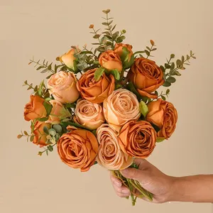 En Gros, Élégant <span class=keywords><strong>Bouquet</strong></span> de Roses <span class=keywords><strong>Artificielles</strong></span> Orange Automnal, Composition Florale pour Cadeau de Saint-Valentin ou Décoration de Table de Mariage - Product Image 2