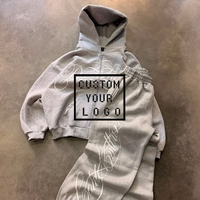 Özel Logo Gotik Taşlı Nakışlı Fransız Havlusu 2 Parça Eşofman Erkek Fermuarlı Kapüşonlu Üst ve Jogger Pantolon Koyu Sokak Giyim Seti