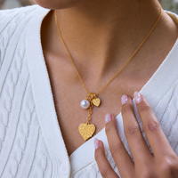 Collier en acier inoxydable 304 pour femmes, couleur or, motif double cœur en relief et perle tombante, bijoux en gros à maillons en O