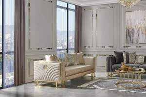 Sofá de Acero Inoxidable Dorado de Lujo Italiano MR, Sofá Moderno para Sala de Estar, Sofá de Tela con Botones Giratorios - Product Image 3