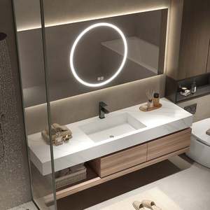 Matte Marble Countertop Bathroom Cabinets Wood Modern Design Single Sink Bathroom Vanities with Mirror - Product Image 6