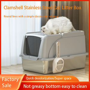 Geschlossene Katzentoilette aus Edelstahl für einfache Reinigung, große aufklappbare Katzentoilette mit Schaufel - Product Image 2