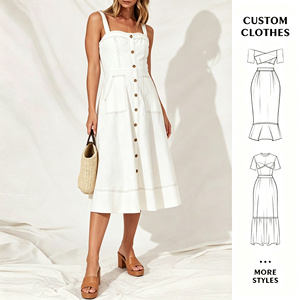 Abito Midi Bianco da Donna con Scollo Quadrato, Bottoni, Spalline, Tasche, Linea ad A, Casual Estivo da Spiaggia e Vacanza - Abbigliamento Personalizzato - Product Image 1
