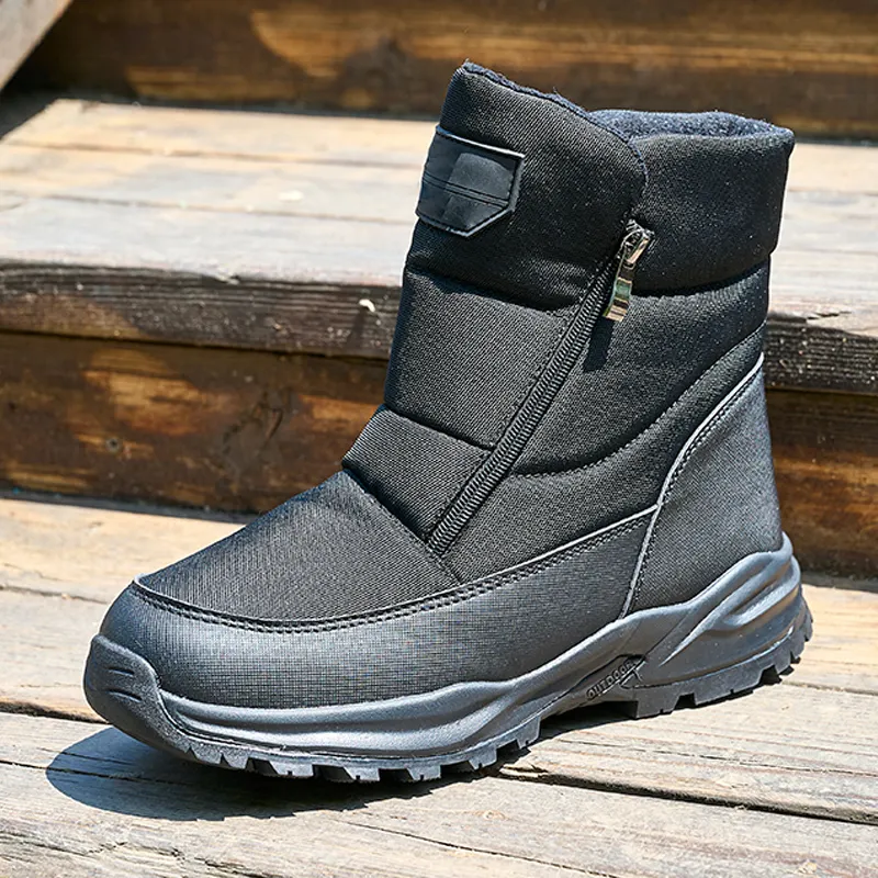 Botas de neve masculinas com zíper antiderrapante personalizadas, sola grossa à prova de vento, botas de neve à prova d'água pretas da moda, populares