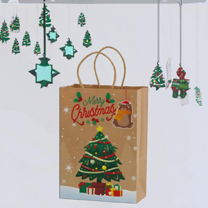 Sacs cadeaux en papier kraft de Noël en gros, sacs fourre-tout imprimés de dessins animés avec poignées en corde pour emballage de bonbons et cadeaux de fête - Product Image 3