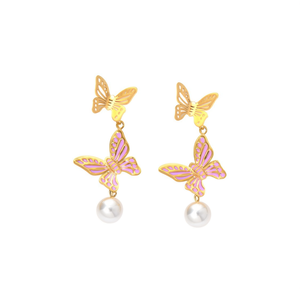 Boucles d'oreilles pendantes papillon plaqué or avec perles, bijoux élégants pour femme en acier inoxydable 316L - Product Image 2