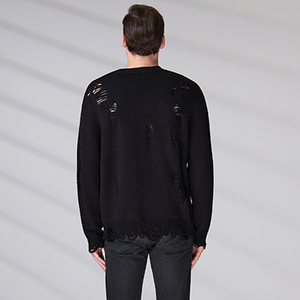 Custom Fall Winter Men's Distressed Ripped Wool Sweater Black Oversized Crew Neck Knit <b>Pullover</b> <b>Jumper</b> - Product Image 6