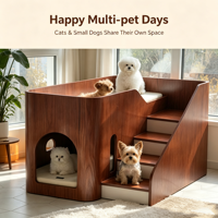 Maison pour animaux de compagnie en bois avec coussin moelleux, cage intérieure en bois massif pour chiens de petite à moyenne taille, lit pour animaux de compagnie à deux étages