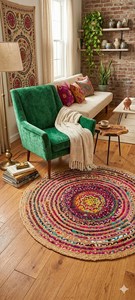 Handmade <b>Round</b> Cotton <b>Jute</b> <b>Rug</b> Colorful Boho Braided Area Carpet Rustic Farmhouse Floor Mat for Living Room Bedroom Home Decor - Product Image 5