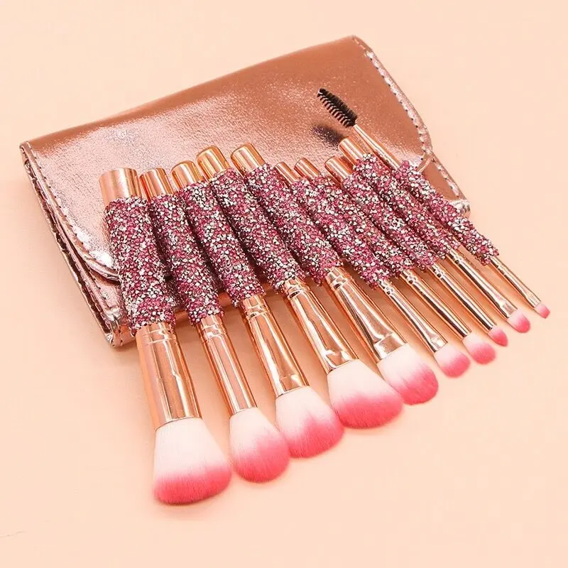 Rhinestone Glitter Handle 10pcs Crystal Diamond Make Up Foundation Brush Set with PU bag Makeup Brushes