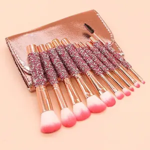 Strass Glitter Handvat 10Pcs Crystal Diamond Make Up Foundation Brush Set Met Pu Tas Make-Up Kwasten