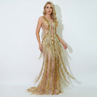 Handgefertigtes goldenes Spiegel-Kristall-Quastenkleid im Club-Stil, bodenlang, Drag-Queen-Kostüm für roten Teppich, Festzüge und Bankette