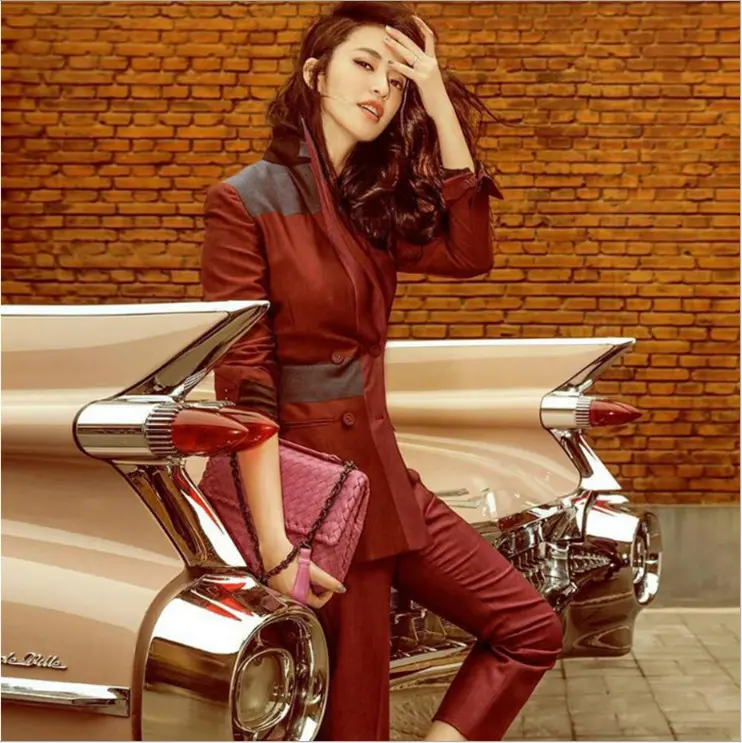 Fashion Skinny Wine Red Splicing Women Suits Jacket