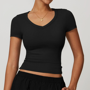 Haute qualité femmes décontracté Yoga haut court séchage rapide Fitness antichoc serré à manches courtes T-Shirt entraînement Gym Fitness porter - Product Image 5