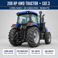 Tracteur agricole 4x4 de 200 CV avec boîte de vitesses Power Shuttle 24+24, cabine climatisée, réservoir de 380 L, attelage rapide Cat.3 pour travaux sur le terrain
