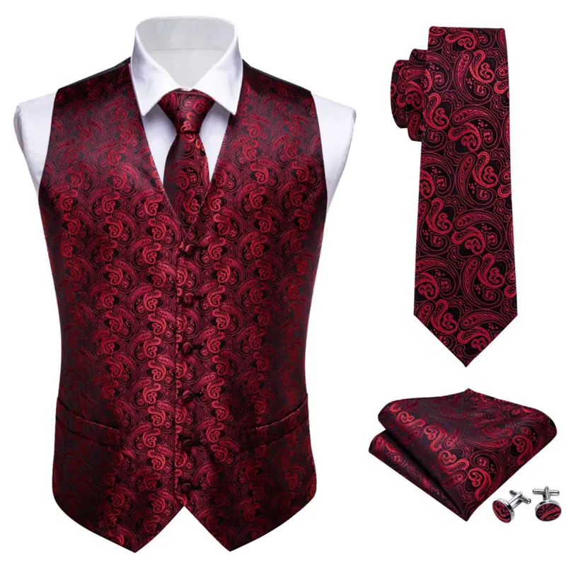 Wholesale Price Men V-neck Suit Vest Red Formal Waistcoat Paisley Tie Set Cufflinks Handkerchief for Tuxedo Business Vests