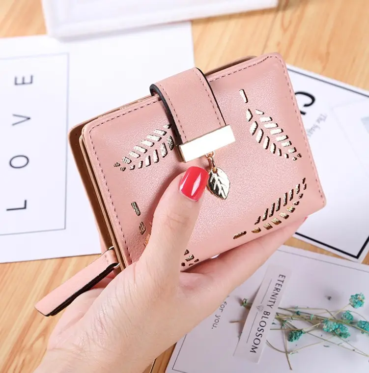 Promotion Hollow Leaves Design Coin & Card Purse Cheap Fancy Women Purses Ladies Short Wallets Long Purse PU Fashion Zipper