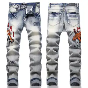 OEM personalizado High Street bordado rasgado Denim Jeans Vintage apilados Jeans hombres oscuro lavado desgastado Amiry Jeans para hombres