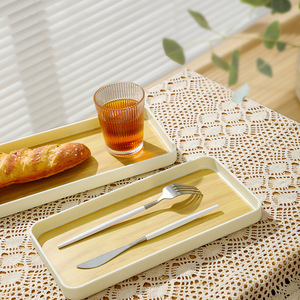 Rectangular Serving Tray Wood Grain Off White Tea Set Holder Home Kitchen Fruit Plate Elegant Design - Product Image 2