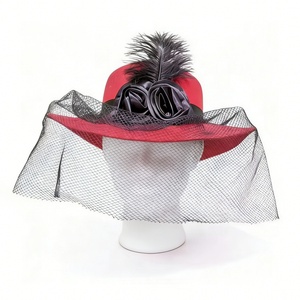 Sombrero Fascinador Vintage con Malla, Sombrero Fedora de Ala Ancha con Velo de Malla, Rosa de Satén y Pluma para Boda o Fiesta de Té - Product Image 5