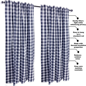 Custom Tab Top <strong>Gingham</strong> Check Window <strong>Curtain</strong> Panel 100% Cotton Navy White Blackout <strong>Curtains</strong> - Product Image 5