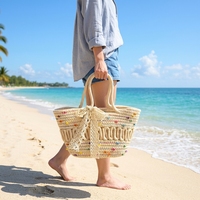 Tas Anyaman Pantai 2026, Tas Tangan Wanita Model Berongga untuk Liburan, Tas Selempang Tali Katun Buatan Tangan, Tas Bucket Renda untuk Liburan