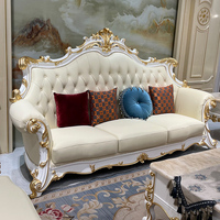 Ensemble de canapés en cuir véritable en bois massif de style européen, luxe haut de gamme, salon, villa, grand appartement, pieds en feuille d'or blanc brillant