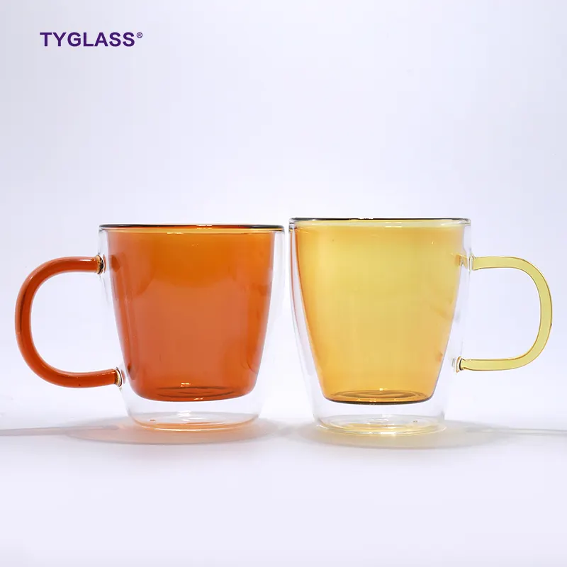 Factory Price colored cup glass with handle heat resistant double layer borosilicate glass coffee cup